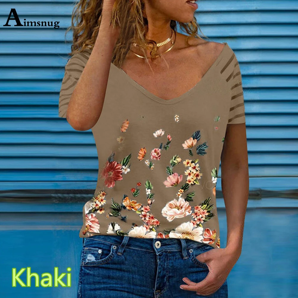 

Aimsnug 2021 Summer Women Elegant Leisure Casual Top Plus Size Ladies Short Sleeve Boho Flower Printed Tees shirt Loose T-shirt