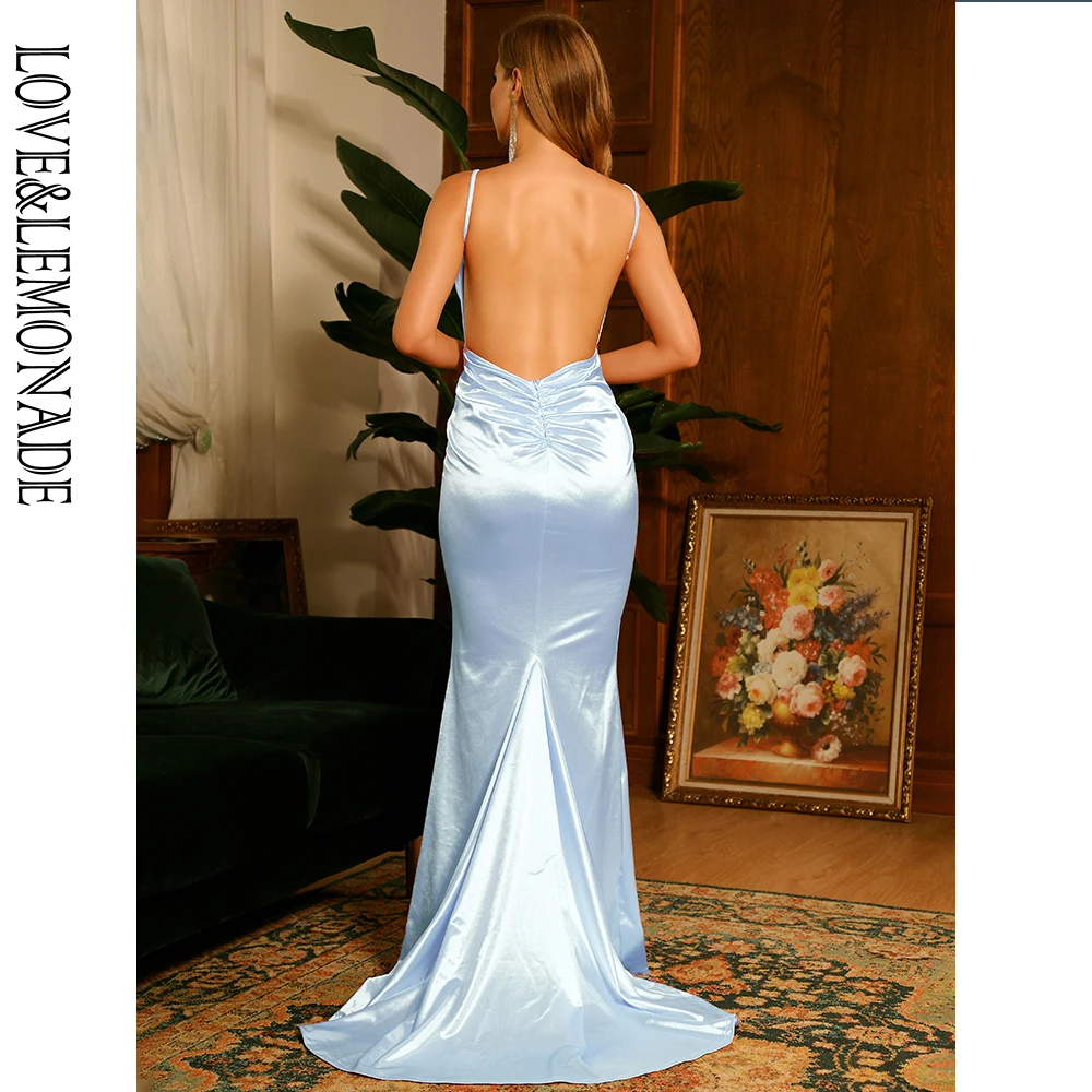 

LOVE&LEMONADE Light Blue Deep V-Neck Open Back Slim Flash Material Maxi Dress LM81222