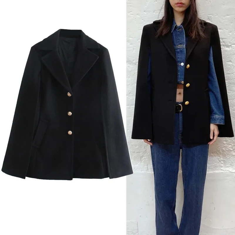 

TRAF Za Black Cloak Coats Woman Winter 2021 Women's Cape Fashion Elegant Button Female Autumn Coat Women Vintage Cape Blazer