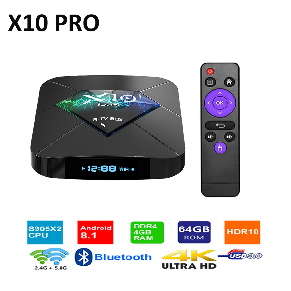 ТВ приставка X10 PRO Android DDR4 4 + 64 ГБ Amlogic S905X2 2 4/5 ГГц Wi Fi Bluetooth|ТВ-приставки и