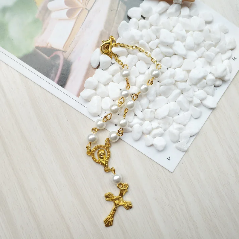 QIGO золотой крест кулон стеклянный жемчуг четки браслет для мужчин женщин