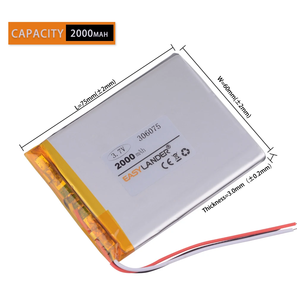 3Wries 306075 3 7 V 2000mAh литий полимерный ионный аккумулятор для GPS планшетных ПК PocketBook