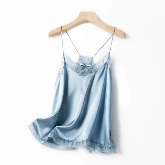 NEW spring summer Women camisole 100% Silk lady V-neck lace sexy Trim Camis Vest Female Tank Top