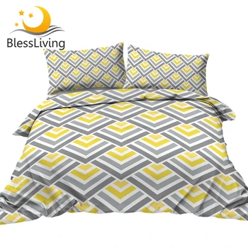 BlessLiving Geometric Bedding Set Yellow White Grey Duvet Cover Striped Bed Set King Size Modern Bedspread Cozy Home Decoration 1