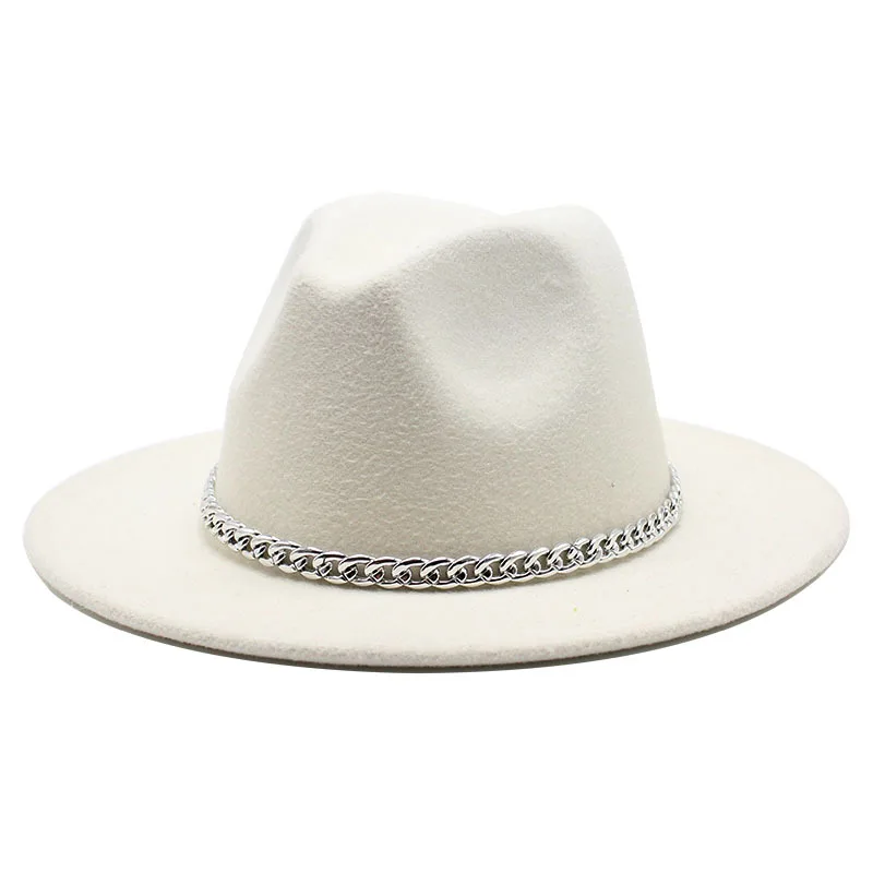 

2020 High Quality Wide Brim Fedora Hat Women Men Imitation Wool Felt Hats with Metal Chain Decor Panama Fedoras Chapeau Sombrero