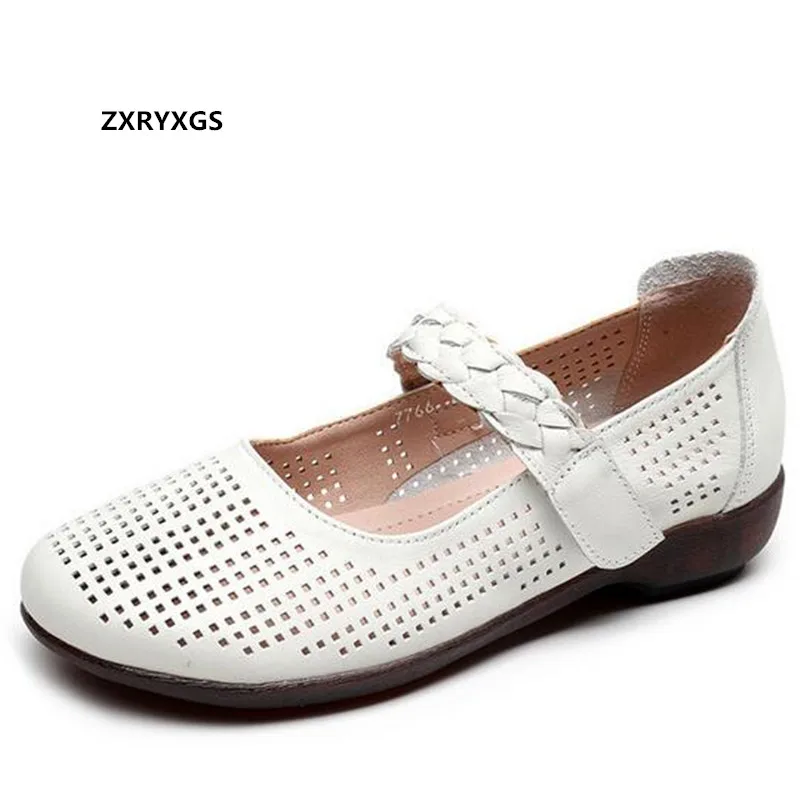 

Сандалии женские из натуральной кожи, мягкие удобные босоножки на плоской подошве, дышащие, с вырезами, повседневная обувь для мам, большие ...