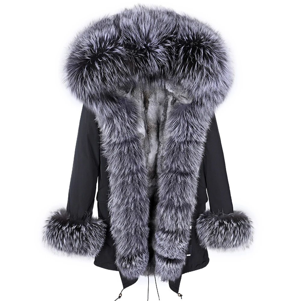 

LIBIELIY Nice winter women's fur, natural real rabbit fur lining, fox fur collar, winter warm parka coat, black long coat
