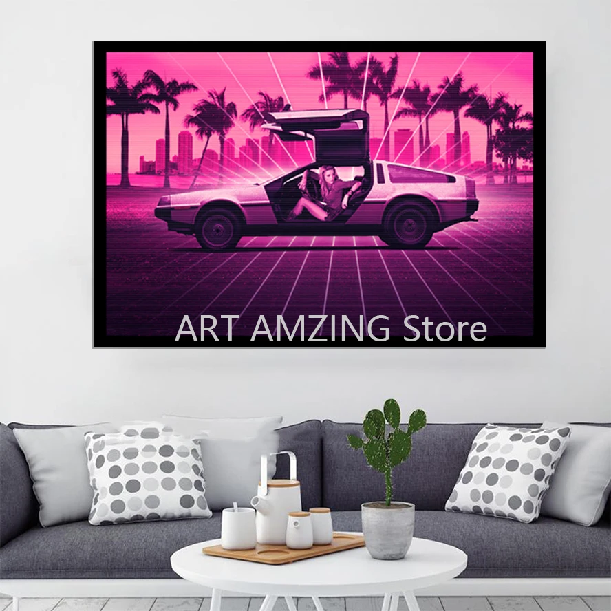 Неоновые постеры Car Art De Lorean DMC кокетки фиолетовая уличная Картина на холсте