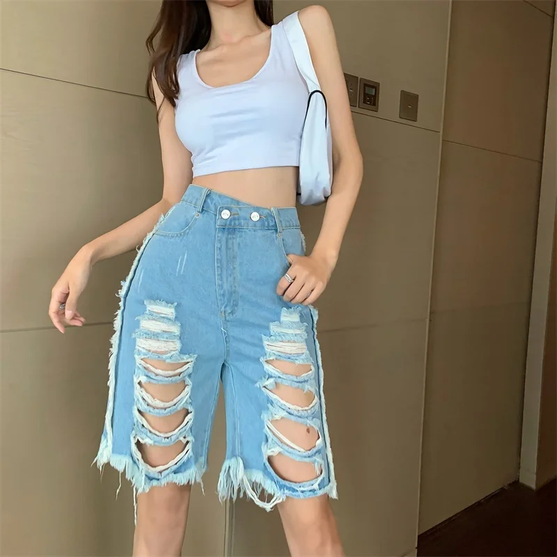 

2021 New Summer Blue Denim Shorts High Wasit Stretch Sport Fit Ripped Casual Sexy Jeans Denim Shorts Women Short Femme