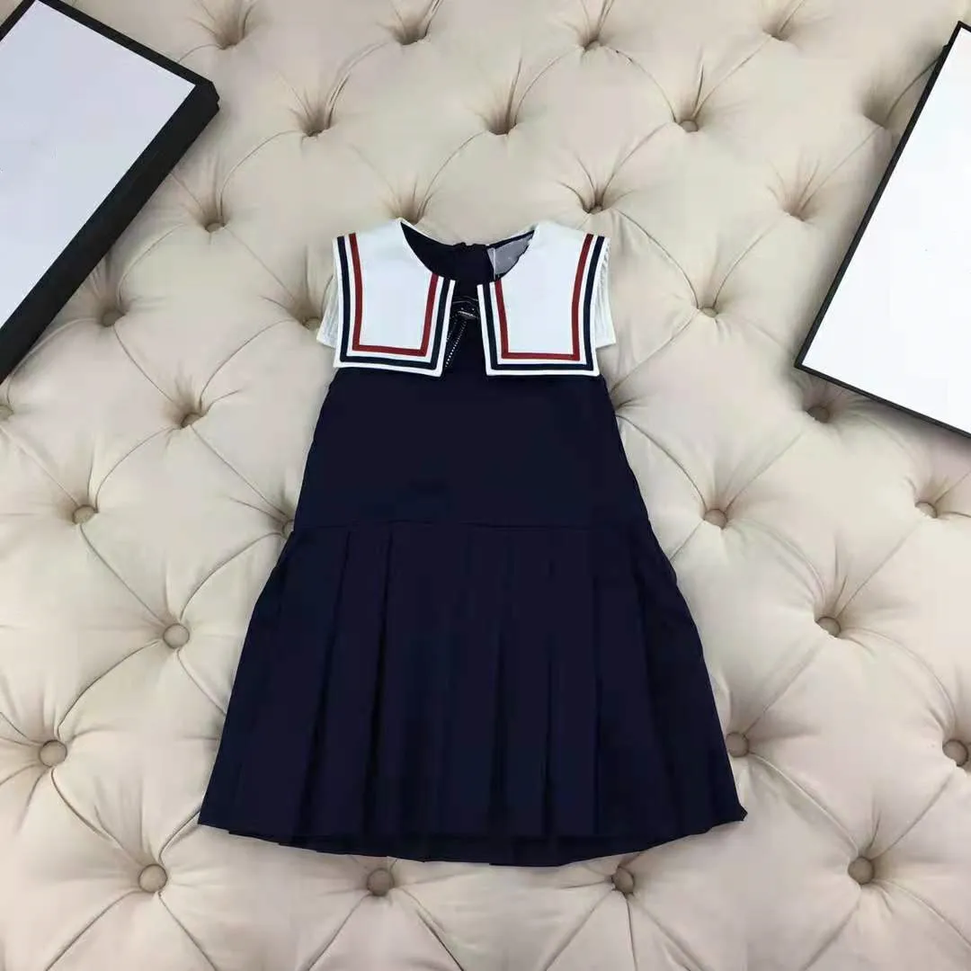 

Summer new 2021 girls' dress dark blue Pleated Dress 90 -140