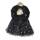 Весеннее платье для маленьких девочек, милые платья принцессы для девочек, детская одежда, платье из сетчатой пряжи с длинными рукавами и блестками для девочек с изображением единорога