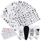 1 лист 3D наклейки для ногтей черные белые Геометрические Цветочные буквы узоры клейкие Переводные переводные наклейки для ногтей Дизайн ногтей украшение