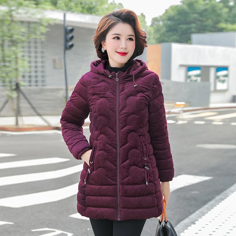 Winter Women Cotton Clothing 2022 Gold Velvet Middle-aged and Elderly Mothers Wear Mid-length Slim and Thick Down Cotton Jacket