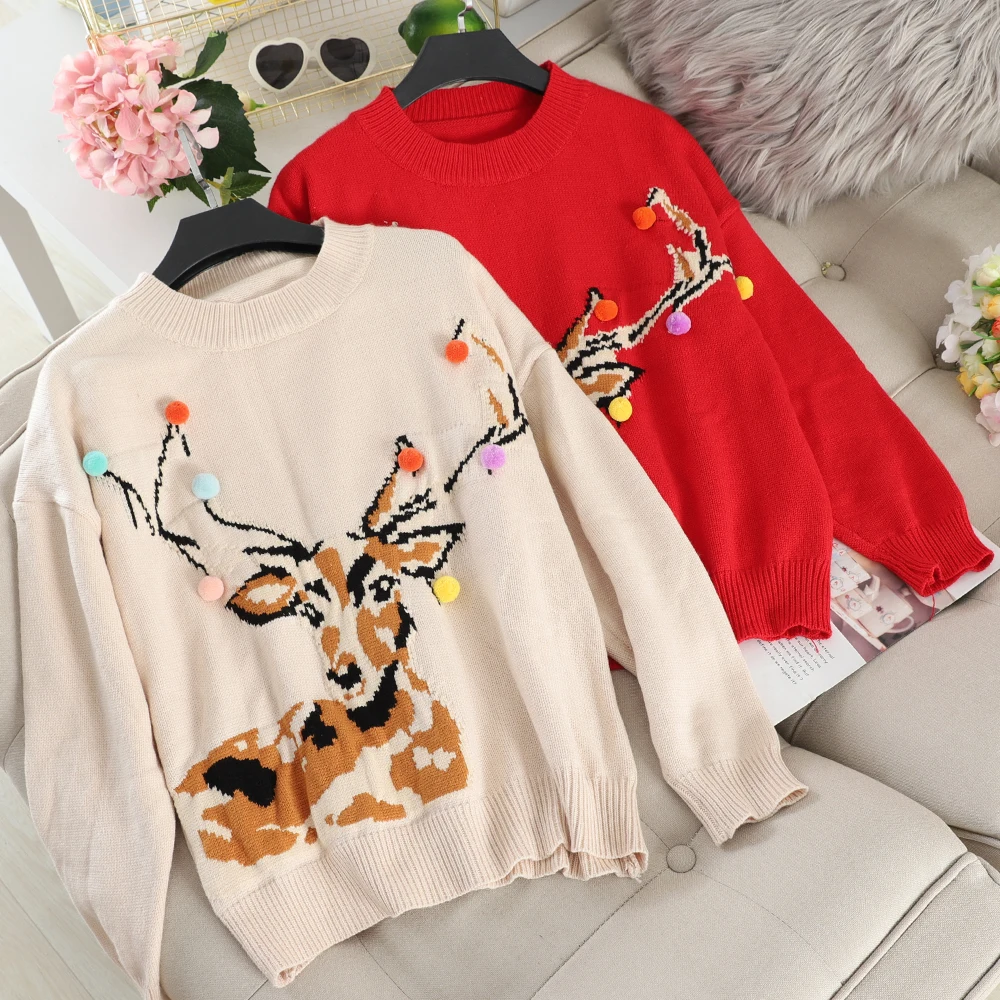 Женский Рождественский свитер с принтом оленя повседневный пуловер длинными