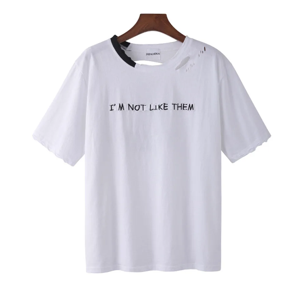 

Japan Korean Fashion Style T-Shirt 2021 Spring Summer Simple Designer Loose Casual Hole Contrast Embroidery Round Neck