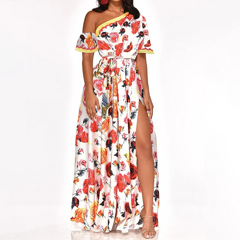 Женское длинное платье макси в народном стиле с цветочным принтом на одно плечо