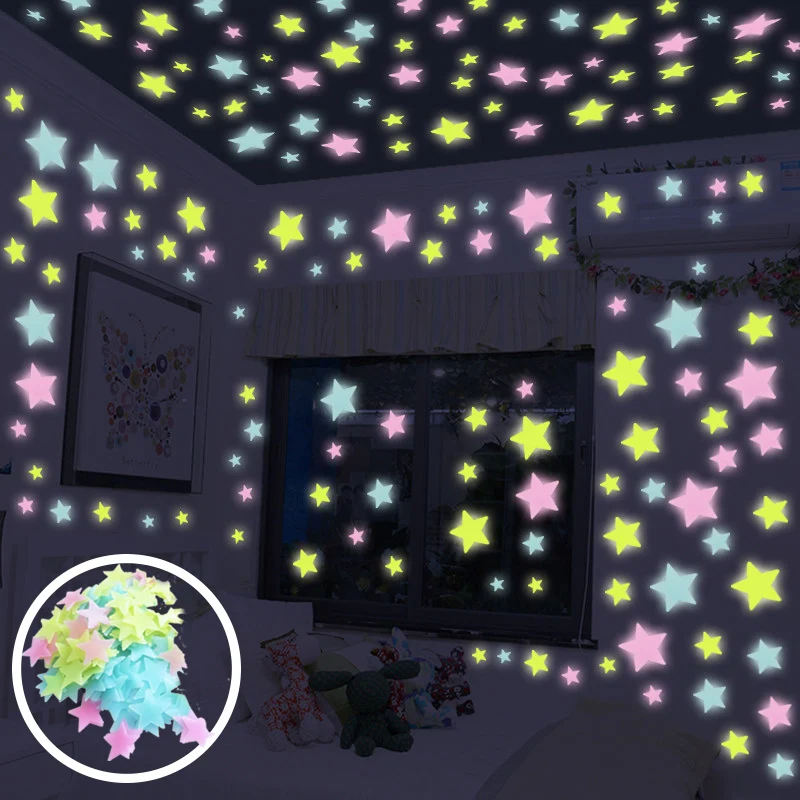 100pcs 3D Звезда и Луна хранение энергии флуоресцентный светится в темноте на стену