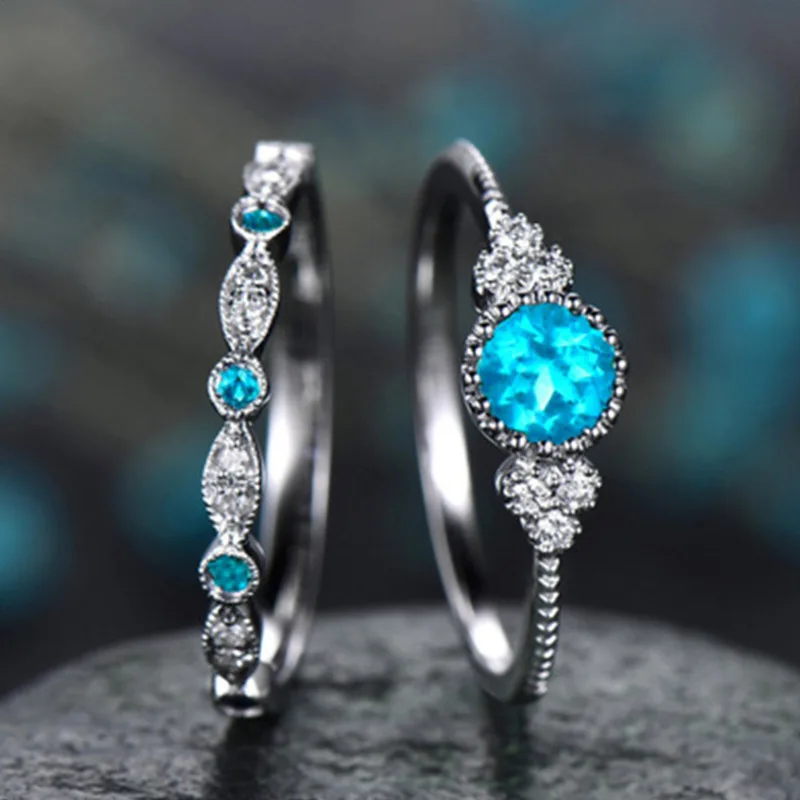Lighe Blue 925 Silver Color Women Wedding Ring Set Sparkling Perfect Blue Round Cut Zircon Stone Rings Female Party Engagement Fine Jewelry - Main Stone Color: Lighe Blue