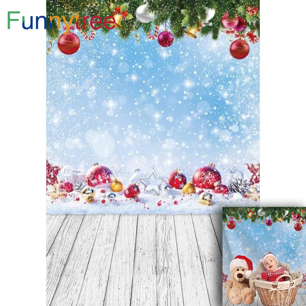 

Funnytree Winter Party Christmas Backdrop Gold Bells Snow Scenery Dots Glitter Stars Wood Floor Photography Props Background