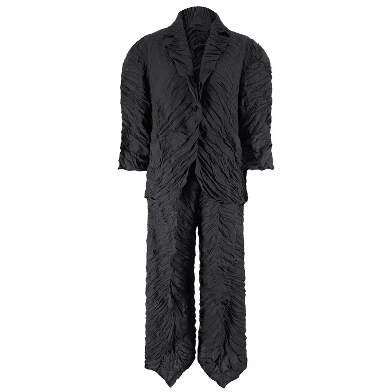 

TVVOVVIN Two-piece Set 2021 Spring New Leisure Long Sleeve Loose Jacket Pleated Solid Color Elasticity High Waist Pants 2KPE