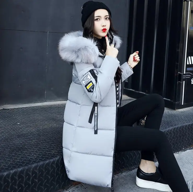 

2020 Women's Down Parkas Winter Jacket Big Fur Collar Thick Slim Coat Fashion Hooded Cotton Outerwear Long Winter Woman Coat