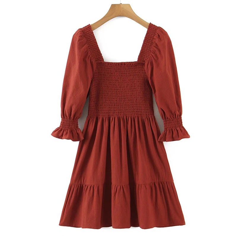 

YENKYE New Spring Women Vintage Dark Red Cotton Dress Elegant Ladies Sexy Square Neck Puff Sleeve Holiday Casual Dress Short