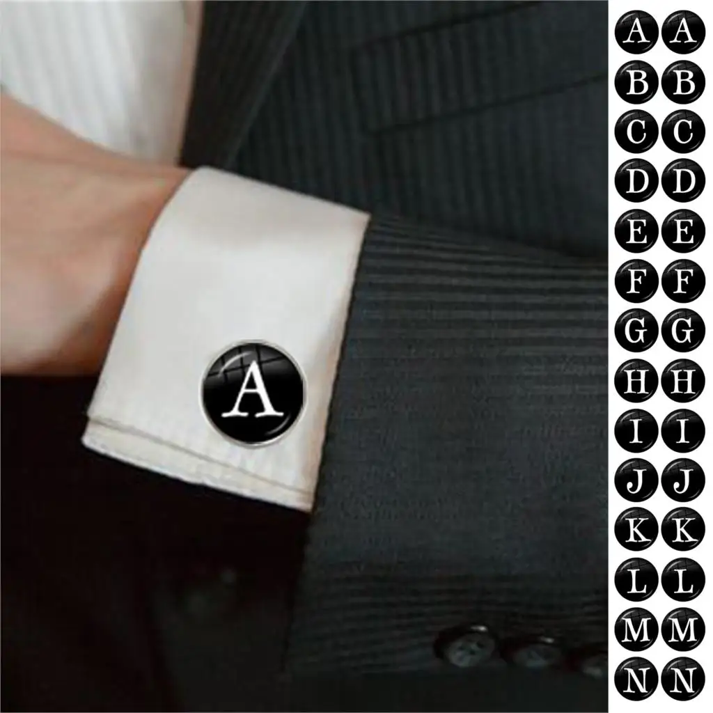 

26 Letter Glass Dome Cufflinks Personality Team Name Rope Black Button Leather Cuff Button For Male Gentleman Shirt Wedding Gift