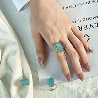 natural blue aquamarine stone ring silver plated synthetic gemstone rings for women open adjustable jewelry