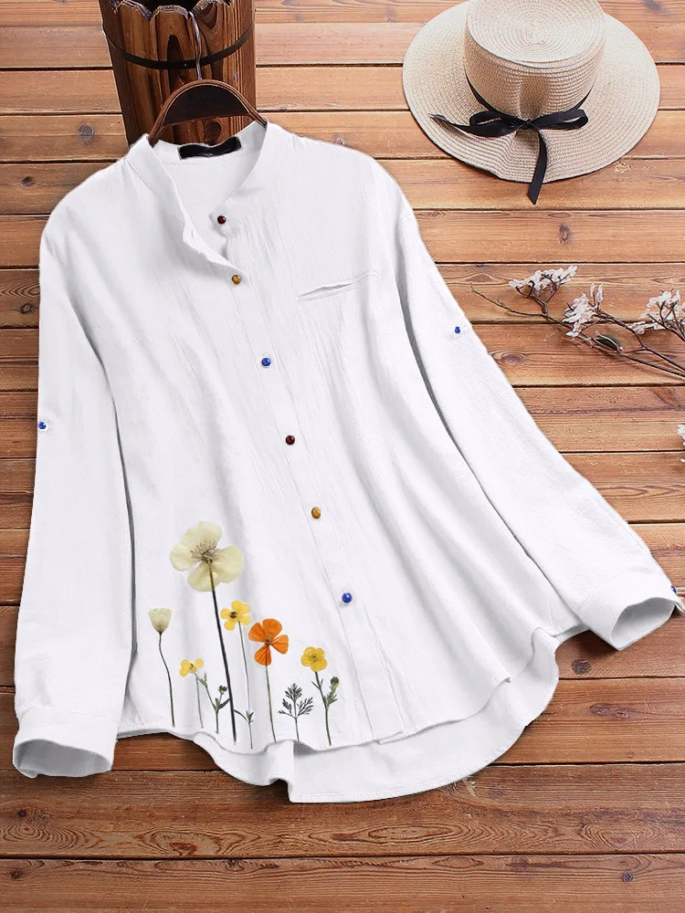 

2021 new spring womens tops blouses autumn women's cotton linen long sleeve shirt white printed plus size summer woman office