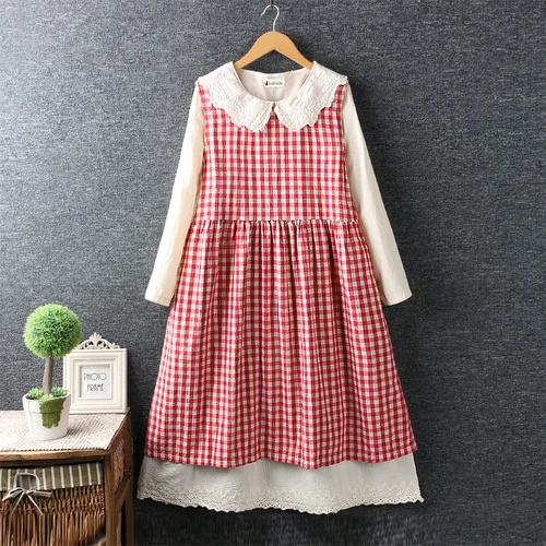 red plaid Милый в стиле Mori Girl винтажный клетчатый осенний пуловер с куклой, платье Vestidos, женское платье с отложным воротником из двух частей, свободное платье, платье длинное Femme - Цвет: red plaid
