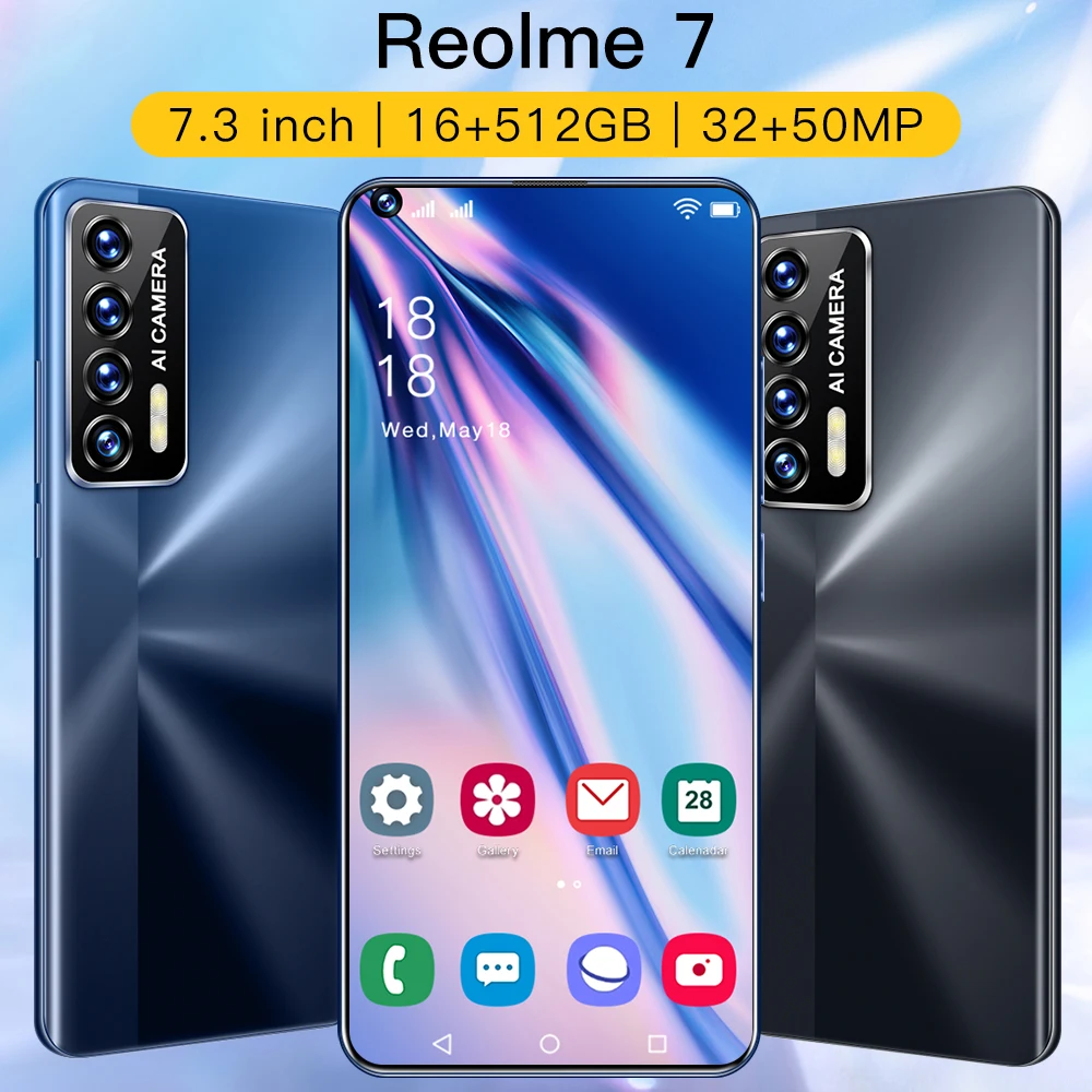 

Hot Sale Reolme7 Global Version 7.3 Inch Screen 6800mAh Battery 16GB 512GB 32MP 50MP Camera Face ID Android 10.0 5G Mobile Phone