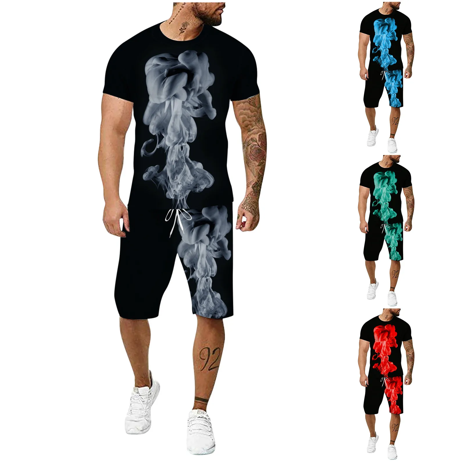 

2021Summer New Flame Pattern 3d Printing Men's Short-sleeved Shorts Two-piece Fashion Sportswear T-shirt Baseball Shirt Clothing