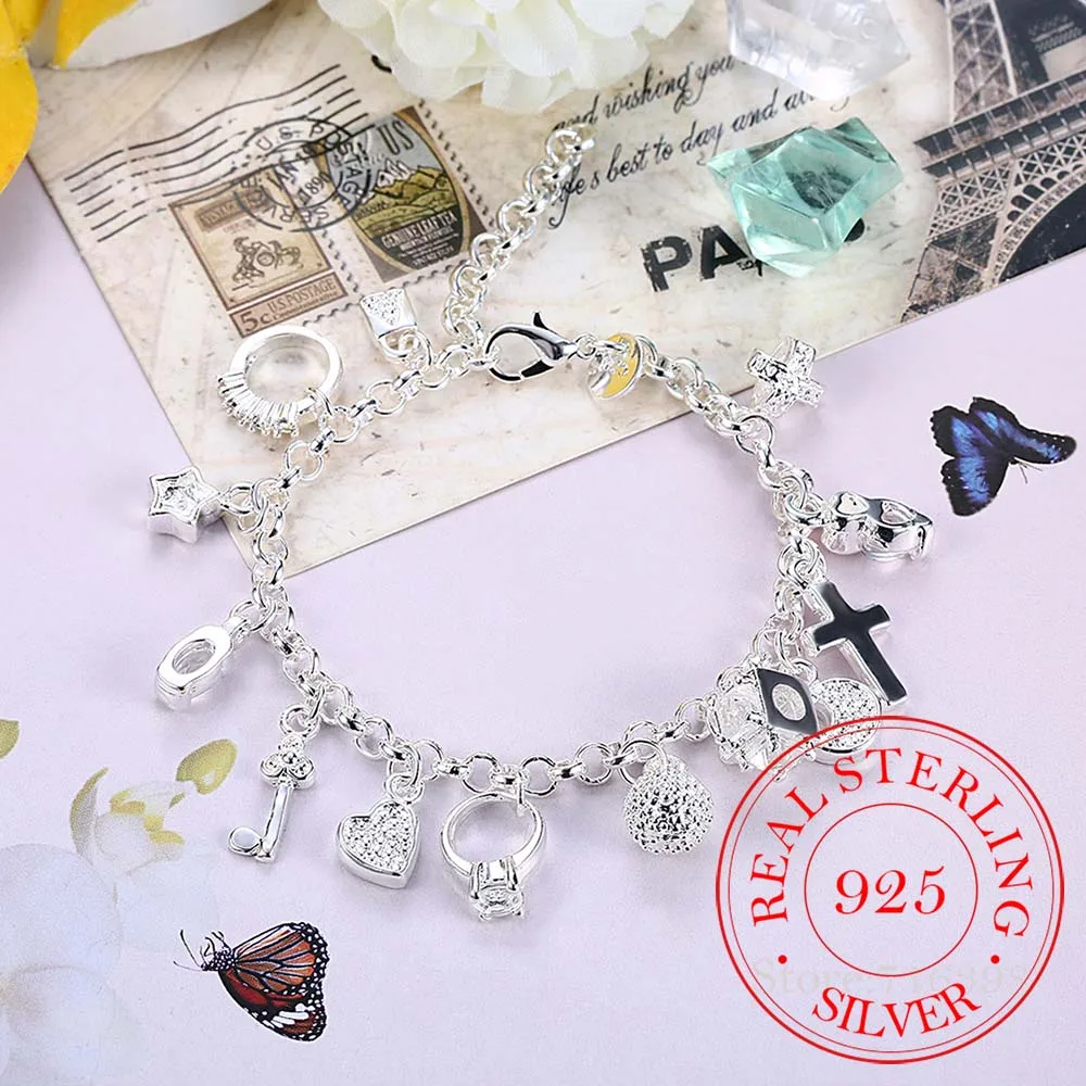 

New 925 Sterling Silver 13 Charms Cross Lock Key Heart Star Moon Flower Zircon Bracelet Bangle Women's Fine Jewelry Accessories