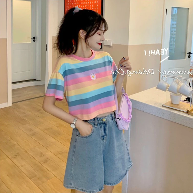 

Women Cute Short Sleeve Rainbow Short Sleeve T-Shirts Cropped Top Summer Slim Tee Tops For Women A66
