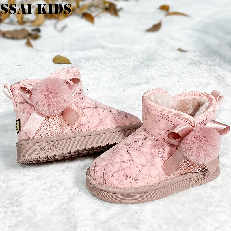 

SSAI KIDS Girls snow boots 2020 winter new plus velvet warm children's cotton shoes children's bow fashion short boots