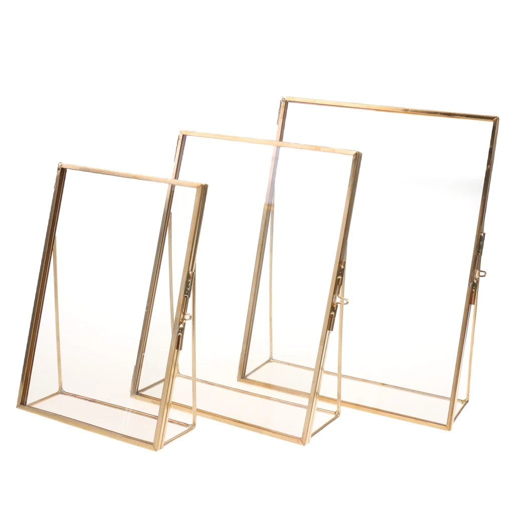 Simple Antique Gold Rectangle Glass Photo Frame Folding Desktop Picture Brass Frames for Portraits and Landscape Home Decoration images - 6