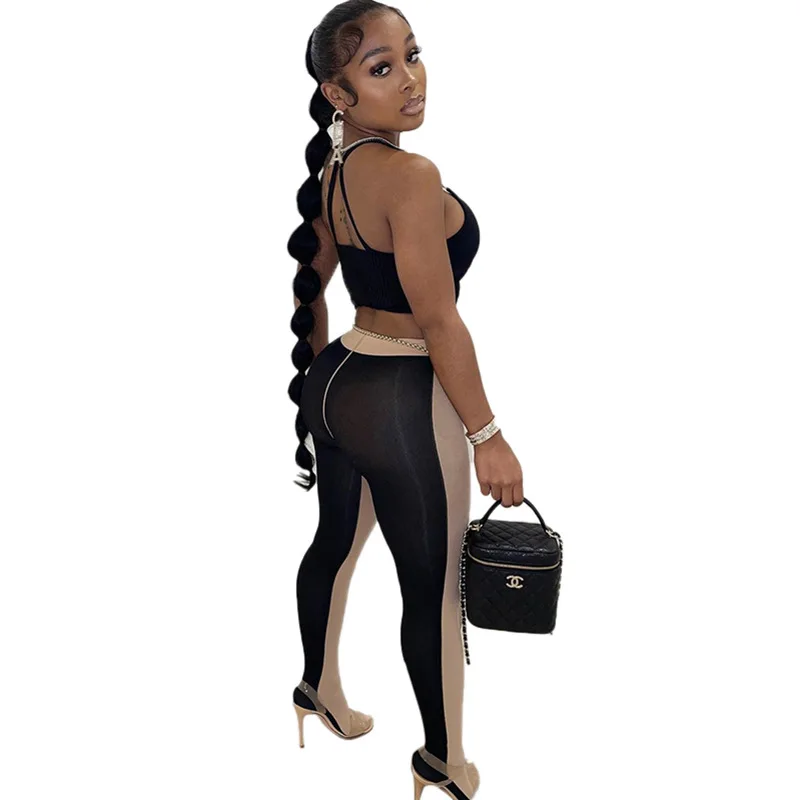 

2021 summer new sexy hit color hollowed out slim-fit mesh gauze trousers leggings