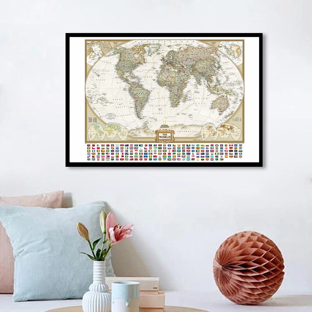 

90*60cm The Retro World Map with National Flags In Detail Canvas Painting Wall Art Poster School Supplies Classroom Home Decor