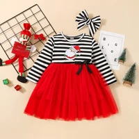 christmas theme santa claus girls dress round neck stripe long sleeve mesh dress suitable for 12 month old girl 4 year old girl