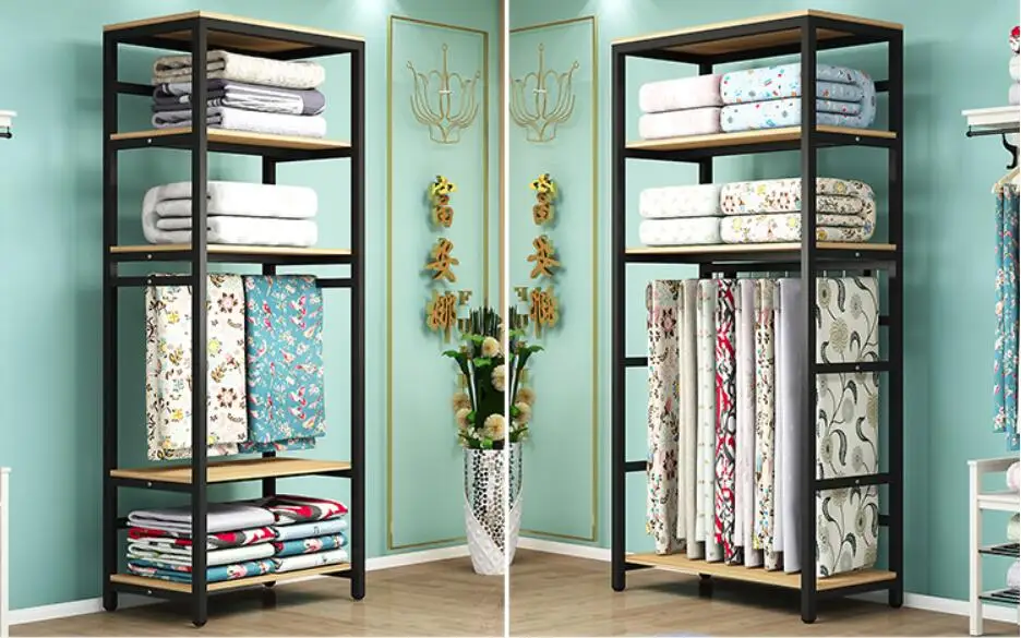 

A four-piece set of upholstered pillows on display in a home textile store; a festive bedding container; a fabric shelf storage