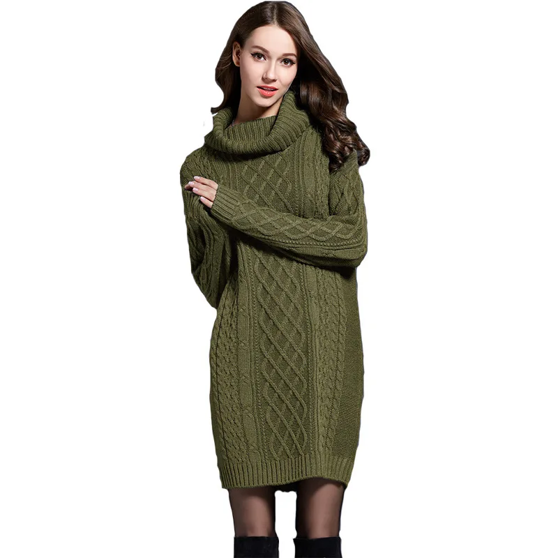 

Turtleneck Long Sleeve Sweater Dress Women Autumn Winter Loose Tunic Knit Pullovers Sweater Casual Knitted Dresses
