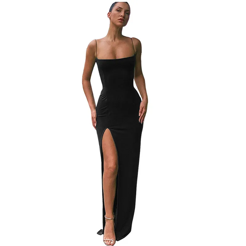 

OLOMLB 2021 Summer Women Solid Sexy Fashion Spaghetti Strap Backless Maxi Dress Slim Bodycon Split Dress Ladies Club Party Dress