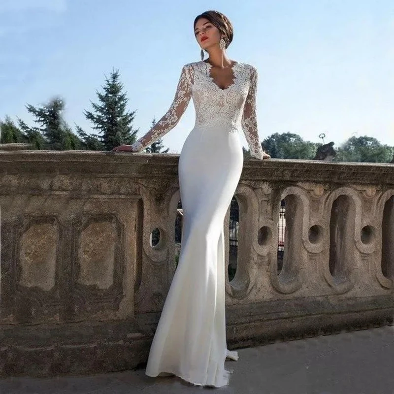 

Sexy Lace Long Sleeve Mermaid Wedding Dresses With Train Elastic Satin Appliques Bridal Gown For Women White Robe De Mariee