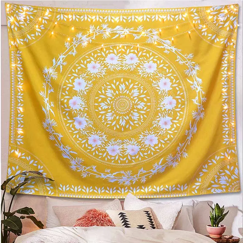 

Yellow Bohemian Mandala Tapestry Wall Hanging Endless Flowers Wall Tapestry Hippie Wall Carpets Dorm Decor Psychedelic Tapestry
