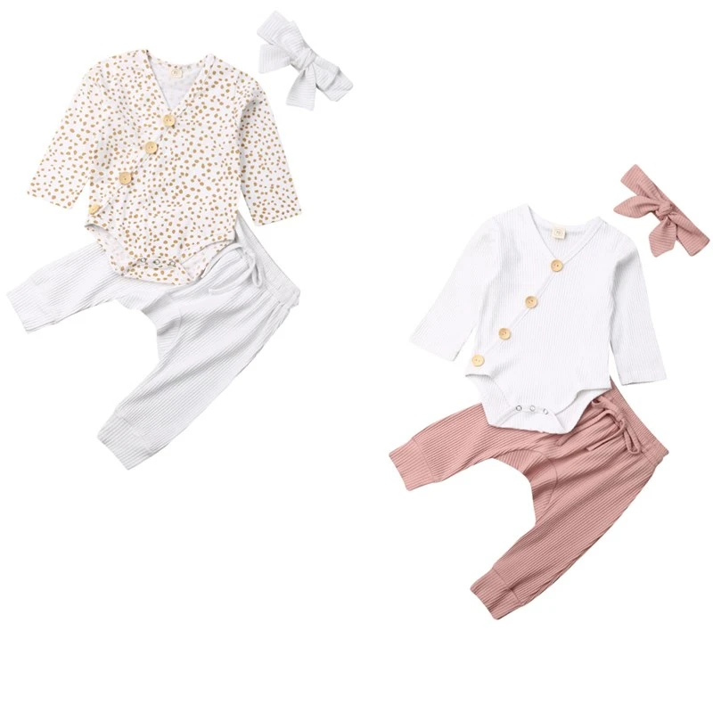 

pudcoco 0-18M Baby Girls Boys Cotton Bodysuit Tops+Pants Leggings+Headband Buttons Long sleeve Autumn Lovely Clothing Outfits