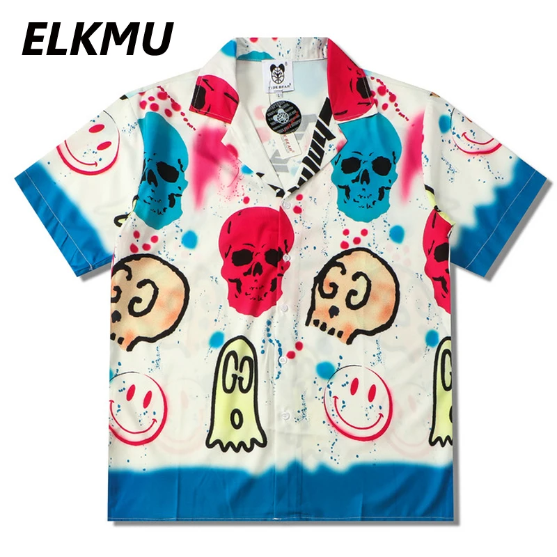 

ELKMU Graffiti Print Cartoon Skulls Shirts Beach Hawaiian Short Sleeve Shirt Streetwear Harajuku Blouse Men Shirts Tops HM020