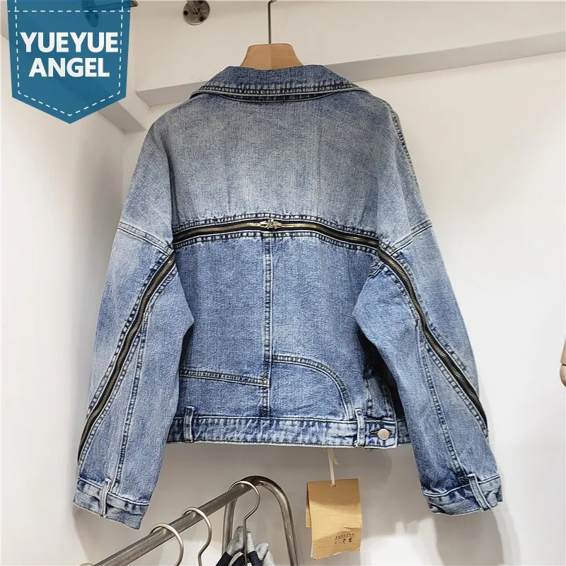 

Дизайнерские женские задняя молния для джинсовой куртки свободного кроя на каждый день в винтажном стиле; Верхняя одежда; Джинсовое пальто ...