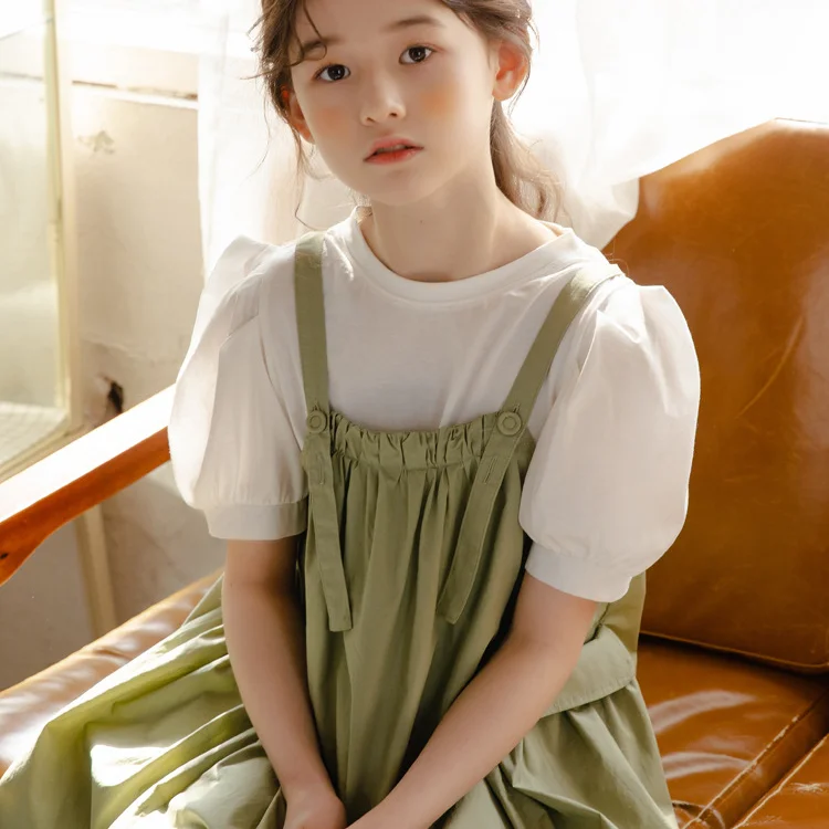 

Teen Girls Clothing Set 2021 New Children Summer Suit Kids Tee and Dress Kids Suspenders Dress White Shirt Two Pieces Set,#6262