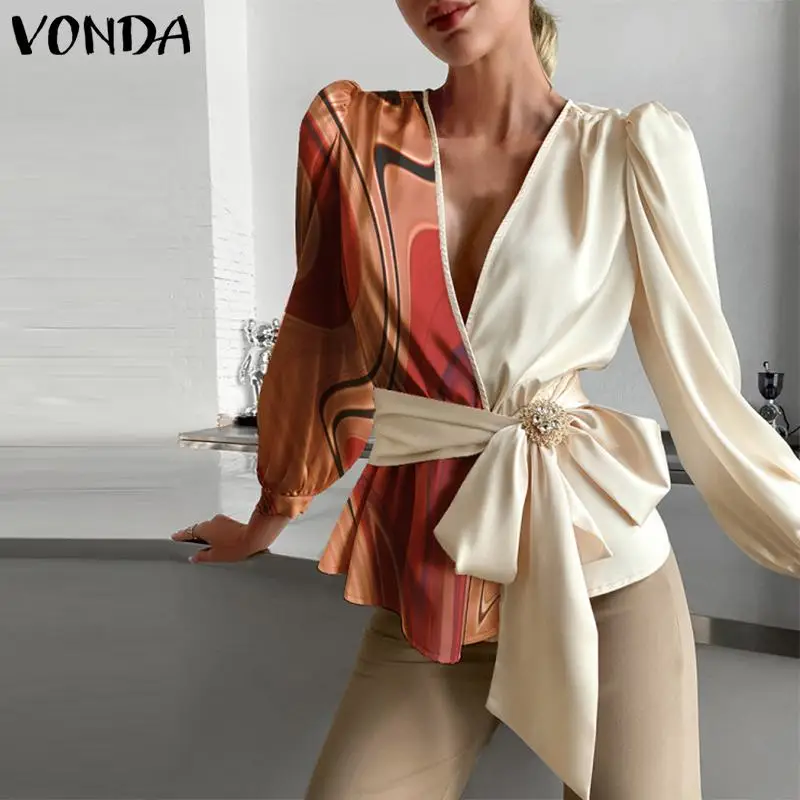 

2021 VONDA осенние женские сексуальные элегантные блузки с глубоким V-образным вырезом винтажная туника с принтом и длинным рукавом Топы рубашк...
