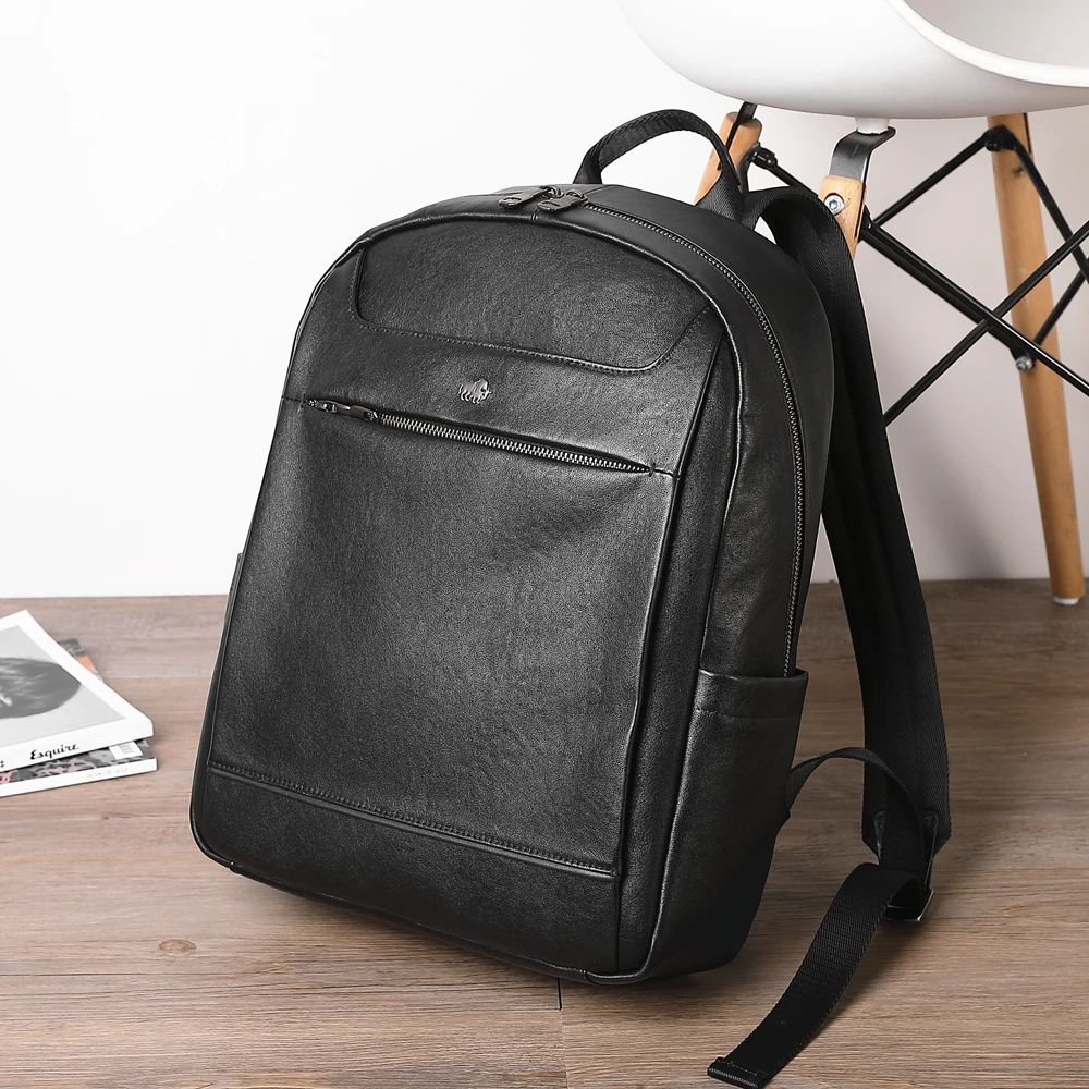 

Bison Denim Fashion Backpack Black Genuine Leather 15 inches Laptop Bag Men Travel Backpack Schoolbag For Teenager Mochila